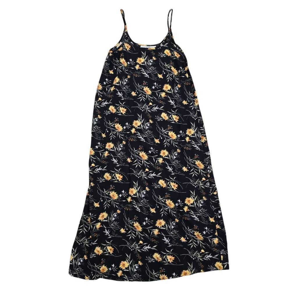 Vintage B.Moss‎ Midi Dress Women's Small Black Floral 100% Rayon Spaghetti Strap